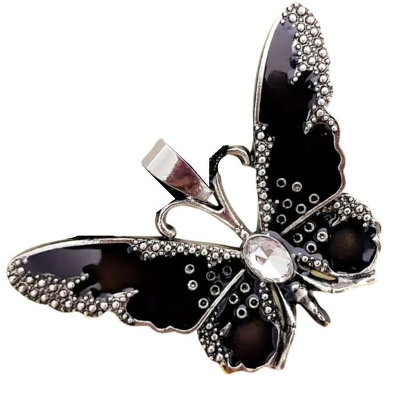 Jewelry - Black Enamel Butterfly Pendant Necklace on Silver Tone Chain